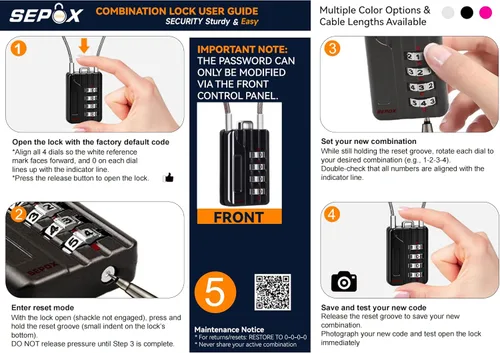 Miniatura 8 de SEPOX® Candado de Combinación de 4 Dígitos Reiniciable Versátil Twins con Cable Extremadamente Largo – Contraseña Personalizada, Cable de Acero