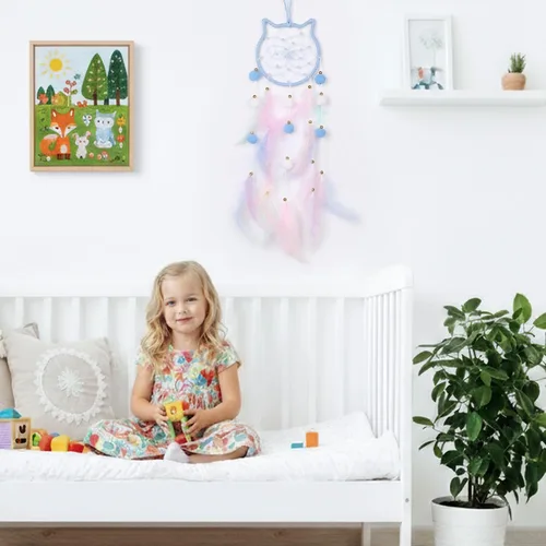 Miniatura 4 de Pretty Jolly - Atrapasueños azul de gato para niños, decoración de pared con pompones y plumas, atrapasueños hecho a mano para niños, decoración