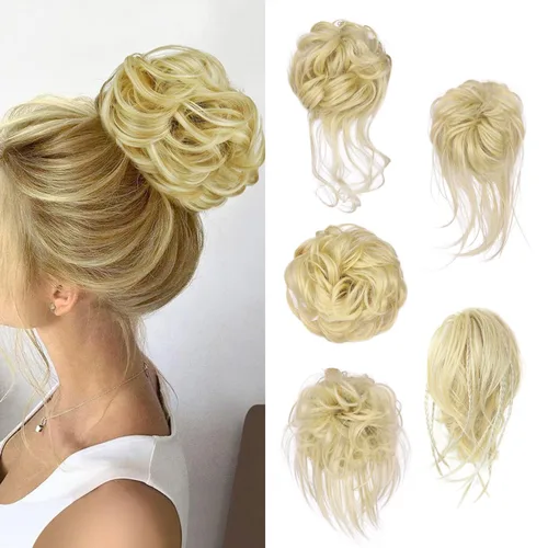 Miniatura 12 de 5 piezas de extensiones de cabello para moños desordenados con banda elástica de goma para mujeres, extensiones de cola de caballo con horquillas