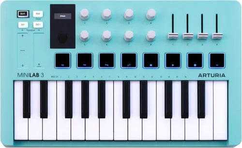 Arturia MiniLab Controlador de teclado MIDI USB de 3 a 25 teclas con 8 almohadillas de batería multicolor, 8 perillas y software de producción de