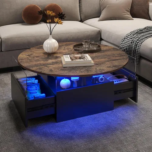 Miniatura 10 de HedoAjim Mesa de café redonda de 31.5" para sala de estar, mesa moderna de sala de estar con LED y almacenamiento, mesas de café cuadradas