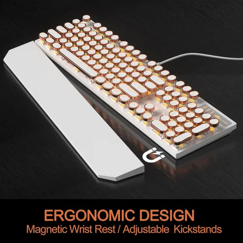Miniatura 7 de MageGee - Teclado mecánico para juegos estilo máquina de escribir retro, teclas redondas punk doradas retroiluminadas LED, con cable, para laptop