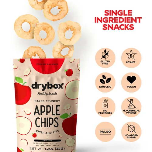 Miniatura 3 de Drybox Chips de manzana seca sin azúcar añadido, paquete de 3 patatas fritas de manzana, paquetes de aperitivos de manzana en rodajas al horno