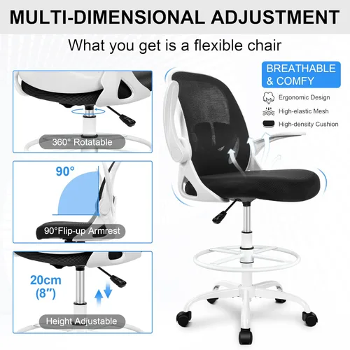 Miniatura 5 de Primy Silla ergonómica de dibujo con reposabrazos abatibles, silla de oficina alta para escritorio de pie, cómoda silla de escritorio con anillo