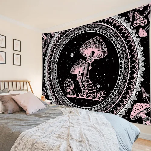 Miniatura 19 de SCECALA Tapiz bohemio de hongos, mandala blanco y negro para colgar en la pared para dormitorio, decoración bohemia del hogar, 60 x 40 pulgadas