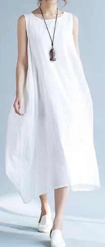 Miniatura 3 de GGUHHU Vestido holgado sin mangas de lino y algodón para mujer con bolsillos