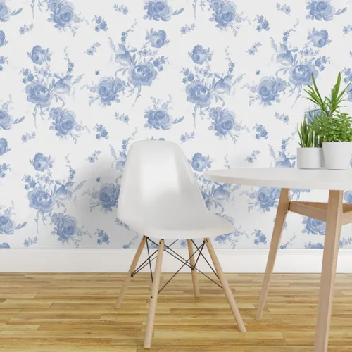Miniatura 3 de Spoonflower Muestro de papel tapiz extraíble - Romántico Floral Azul Blanco Shabby Chic Flores Primavera Desvanecido Personalizado Papel pintado