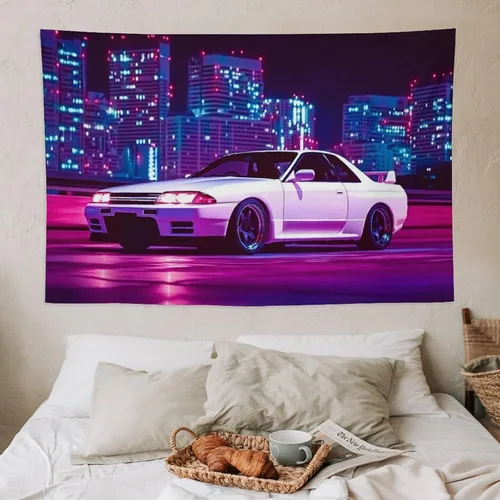 Miniatura 7 de PailailaiNest Arte de pared Jdm Car White R32 Neon City Night Scene Estética Tapiz colgante de pared para dormitorio, decoración de pared del hogar