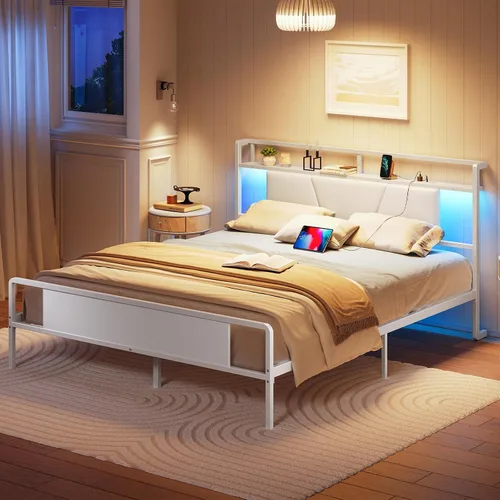 Miniatura 7 de RALGEND Base de cama Queen con cabecero, base de cama LED tamaño Queen con estación de carga, cama moderna de plataforma de metal con estantes