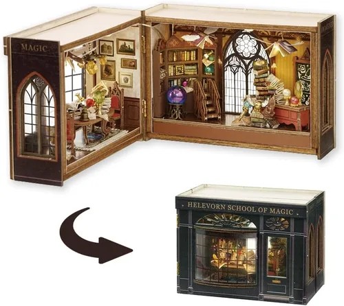 Miniatura 9 de TuKIIE Kit de casa de muñecas en miniatura con muebles, a escala 1:32 abierta y cerrada, mini cubo de madera para muñecas, rincón de libros