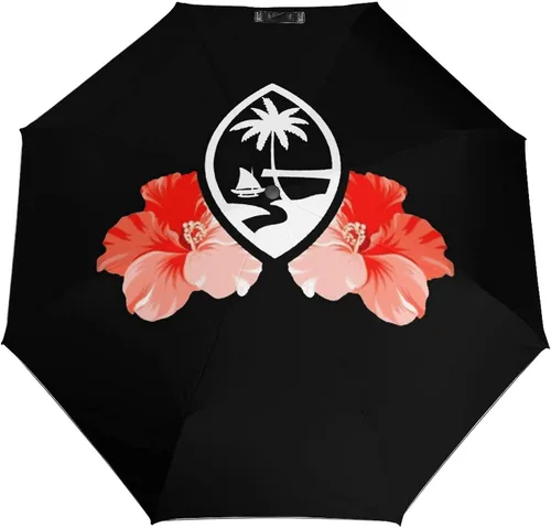 Guam Tribal Hibiscus impermeable resistente al viento 3 pliegues auto abrir cerrar paraguas ligero anti-UV para hombres mujeres, Negro, estilo 1