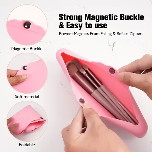 Miniatura 3 de Bolsas de silicona para brochas de maquillaje: Estuche cosmético con botones magnéticos de metal para viajes, estuche de maquillaje para Púrpura