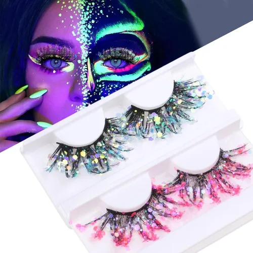 2 pares de pestañas luminosas con purpurina 3D de color Cosplay Anime pestañas con lentejuelas, pestañas dramáticas exageradas de 0.98 pulgadas para