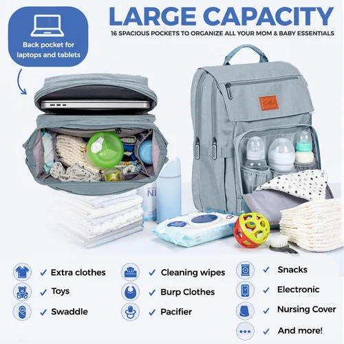 Miniatura 3 de PILLANI Mochila para Pañales de Bebé - Bolsa Grande para Niños y Niñas, Mochila Impermeable para Pañales - Bolsas de Pañales de Viaje con L Azul