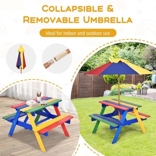 Miniatura 3 de Costzon Mesa de picnic para niños, mesa y sillas de madera de abeto para exteriores con paraguas extraíble, mesa de picnic para niños pequeños