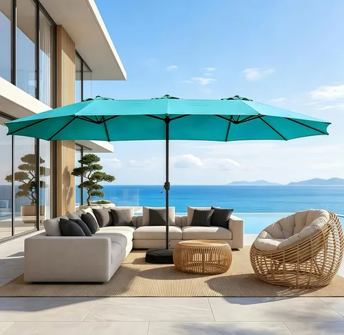 Miniatura 11 de Sombrilla de doble cara para patio de 15 x 9 pies con base y manivela, sombrilla rectangular extragrande para patio, césped y jardín, beige
