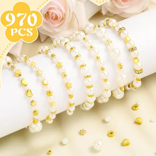 Miniatura 2 de Audab Cuentas de perlas para hacer pulseras, 970 cuentas espaciadoras de perlas y doradas para hacer joyas