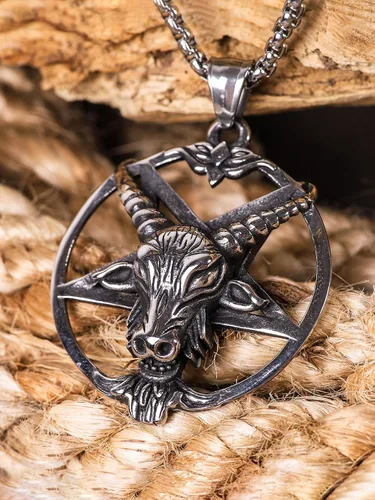 Miniatura 5 de HAQUIL Collar de Baphomet de acero inoxidable colgante de cabra sabbatic invertido cadena de caja