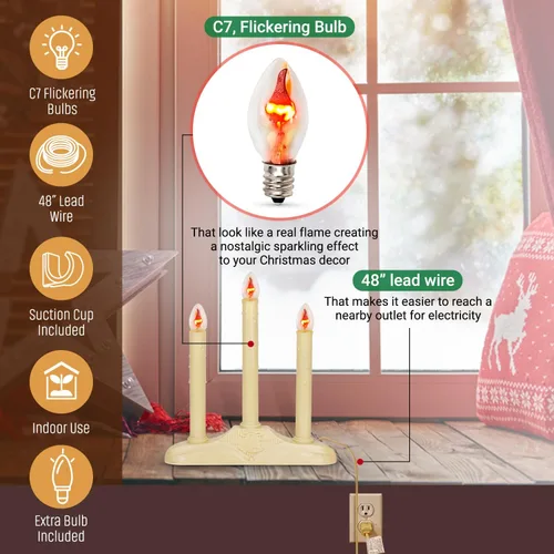Miniatura 3 de Candelabro de Velas de Navidad para Ventana – con Bombillas Parpadeantes – 3 Luces para Interiores - Velas Eléctricas sin Llama para Ventana