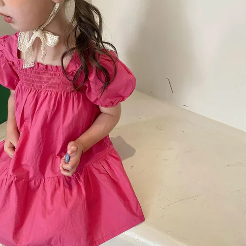 Miniatura 5 de VEFSU Toddler Kids Baby Girls Dress Puff Sleeves Solid Casual Party Ruffled Princess Dresses Infant Girl Clothes Dresses
