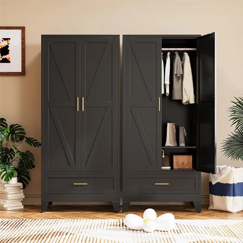 COFaR Armario moderno de metal negro, armario de acero de 71 pulgadas de alto con cajón, barra para colgar y estante ajustable, armario de