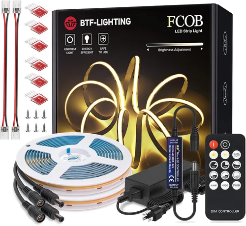 BTF-LIGHTING COB - Tira de luz LED de 24 V, 2 x 16.4 pies, 3000 K, luz blanca cálida regulable de alta densidad con control remoto y adaptador de