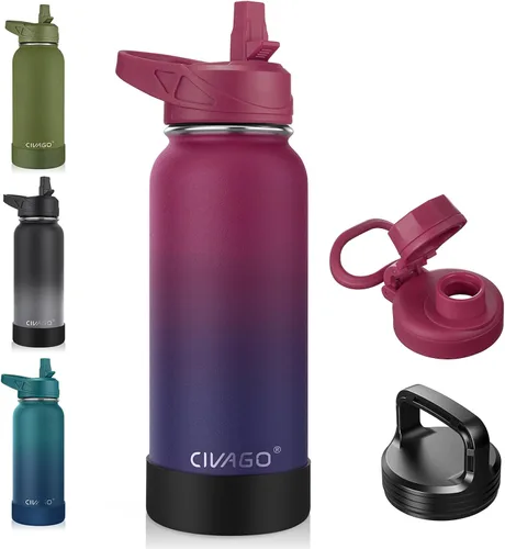 Miniatura 9 de CIVAGO Botella de agua aislada de 22 onzas con pajita, frasco de agua deportiva de acero inoxidable con 3 tapas