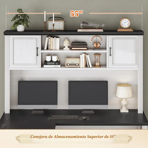 Miniatura 4 de SEDETA - Escritorio esquinero en forma de L de estilo granja con aparador y 3 cajones, escritorio ejecutivo de oficina de 68.9" con cajón para Blanco