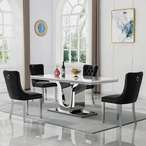 Miniatura 14 de SSLine Mesa de comedor moderna para mesa de cocina de mármol sintético de 6,70 pulgadas, mesa de comedor rectangular para muebles de cocina
