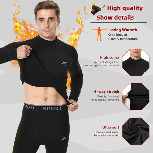 Miniatura 3 de Men's Fleece Lined Long Johns Base Layer Set Top Bottom for Ski Running Cold Weather