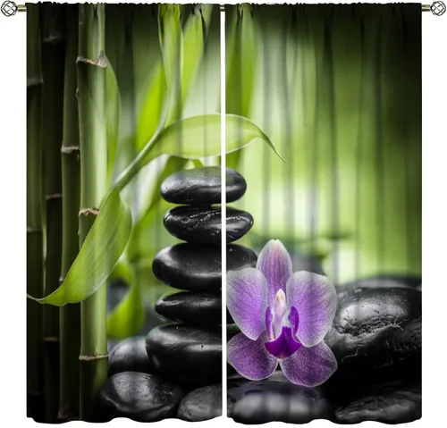 Miniatura 28 de Cortinas con estampado de bambú verde natural, plantas asiáticas, japonesas, tallos rústicos, hojas, cortina de selva con bolsillo para cortinero