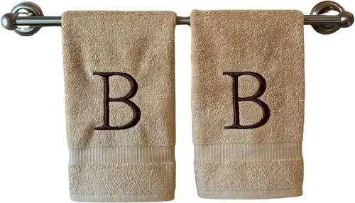 Miniatura 192 de Toalla de mano con inicial beige para baño, toalla bordada decorativa de calidad de hotel de lujo con monograma para tocador, spa, certificado
