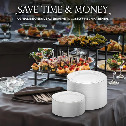 Miniatura 6 de Juego de platos desechables para cena y postre, 200 piezas (10 + 7 pulgadas), elegantes platos de plástico blanco y plateado para fiestas y bodas