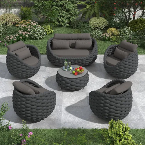 Miniatura 16 de Juego de muebles de patio de cuerda de 4 piezas: conjunto de sofás al aire libre de aluminio acolchado - sofá de conversación moderno ensamblado