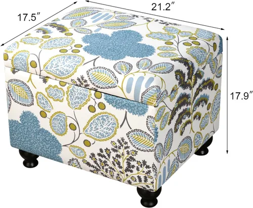 Miniatura 2 de Adeco Otomana Almacenadora Colorida con Almacenamiento, Otomana de 53 cm de Lino con Reposapiés y Tapa con Bisagra con Patrón de Hojas Azules