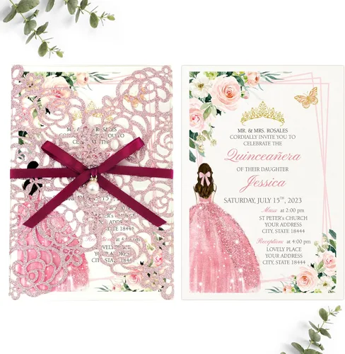DORIS HOME 50 invitaciones de quinceañera cortadas con láser con sobre, invitaciones de purpurina rosa de 4.9 x 7.2 pies cortadas con láser,