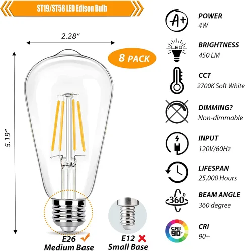 Miniatura 2 de Paquete de 8 Bombillas LED Edison Blanco Suave 2700K Equivalente a 40W, Bombillas LED Vintage Transparentes ST19/ST58 de 4W para Luces de Techo, 90