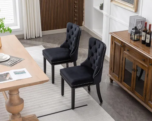 Miniatura 2 de KCC Nikki Collection - Juego de 2 sillas de comedor de terciopelo tapizadas de alta gama con anillo trasero de clavo, patas de madera maciza