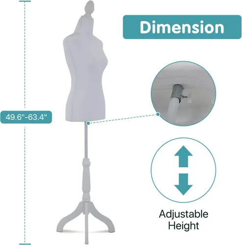 Miniatura 6 de Forma del vestido de cuerpo de torso de maniquí femenino, altura ajustable de 49.6 a 63.4 pulgadas con trípode de madera para exhibición de Blanco