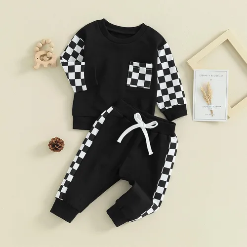 Miniatura 45 de Conjunto de ropa de otoño e invierno para bebé niño pequeño, sudadera de manga larga con colores contrastantes, pantalones elásticos para recién