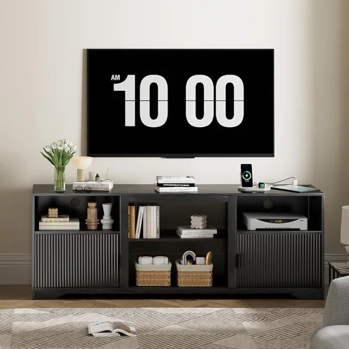 Miniatura 7 de Soporte de TV acanalado para televisores de hasta 80 pulgadas, moderno soporte de TV de mediados de siglo con estante ajustable abierto, centro