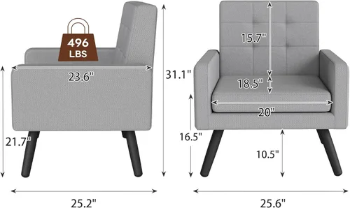 Miniatura 2 de Juego de 2 sillas decorativas para sala de estar, sillón tapizado moderno y cómodo de mediados de siglo con asiento grande, sofá individual, silla