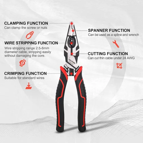 Miniatura 2 de HAUTMEC Herramienta pelacables Pro 8 "Multifuncional Combinación Linesman Alicates Cortador de Cable Pelacables Herramienta de prensado Terminal