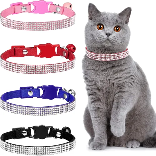 Miniatura 10 de Weewooday 4 collares de gato con diamantes de imitación, collar de gato con campana, accesorios brillantes para mascotas con terciopelo suave, 4