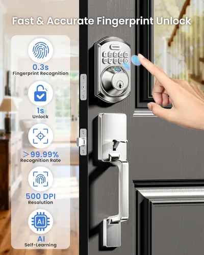 Miniatura 4 de TEEHO TE012W-H - Cerradura de puerta con teclado WiFi con asa, cerraduras inteligentes de huellas dactilares, entrada sin llave para puerta Níquel