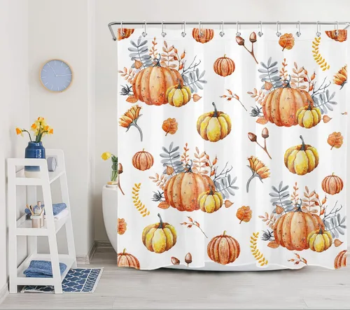 Miniatura 22 de LB Cortina de ducha de hojas de otoño, cortina de baño de hojas de eucalipto y mariposas, cortina de baño de plantas de otoño con gancho, 72 x 72