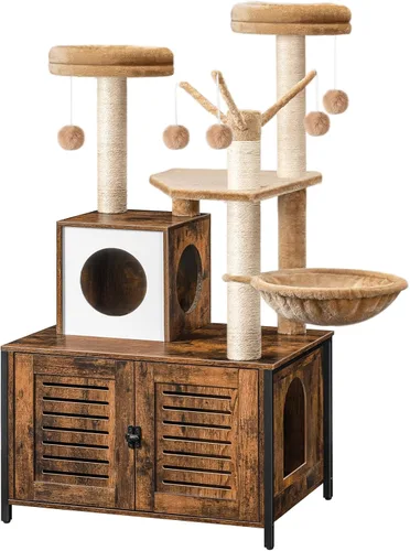 Miniatura 10 de HOOBRO Árbol para gatos con recinto para caja de arena, 27.6" L x 18.9" A x 52" Al, Torre de madera para gatos todo en uno, Muebles para gatos