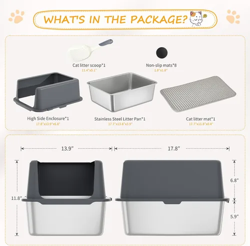 Miniatura 6 de Caja de arena para gatos de acero inoxidable, bandeja de arena de metal cubierta, bandejas de arena para gatos con lados altos, caja de arena