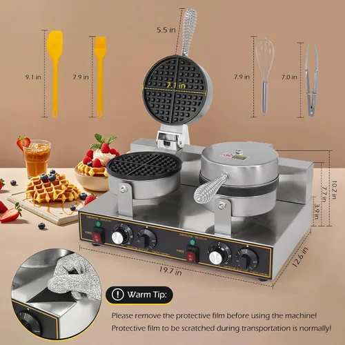 Miniatura 6 de Dyna-Living Máquina de gofres doble de 2400 W, para restaurante, antiadherente, redonda, waflera comercial, máquina de gofres grande para hotel
