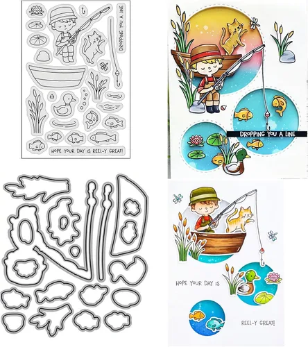 Juego de sellos y troqueles para niños de pesca para hacer tarjetas, sellos transparentes y troqueles de corte de metal para álbumes de recortes,